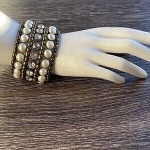 Vintage Faux Pearl & White Rhinestone Bronze Tone Multi Chain Strand Bracelet